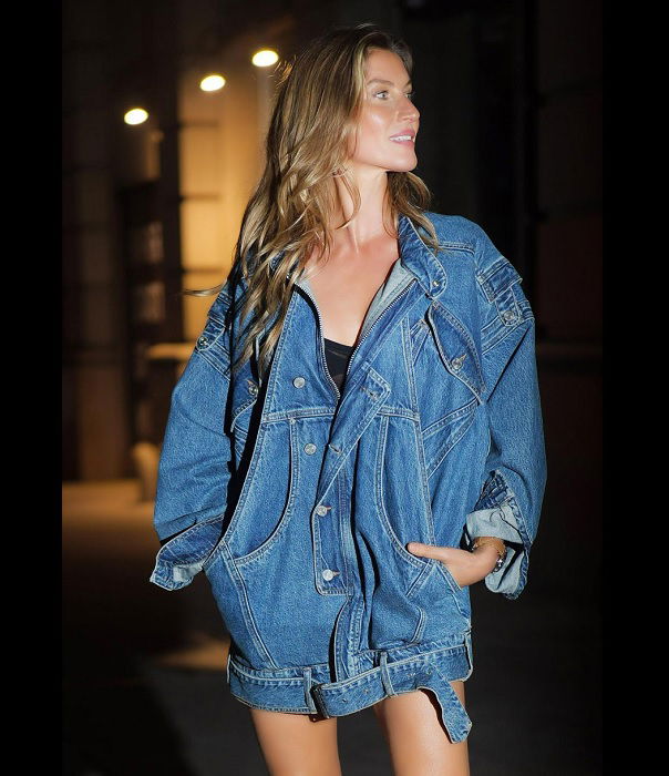 Woman in big denim jacket